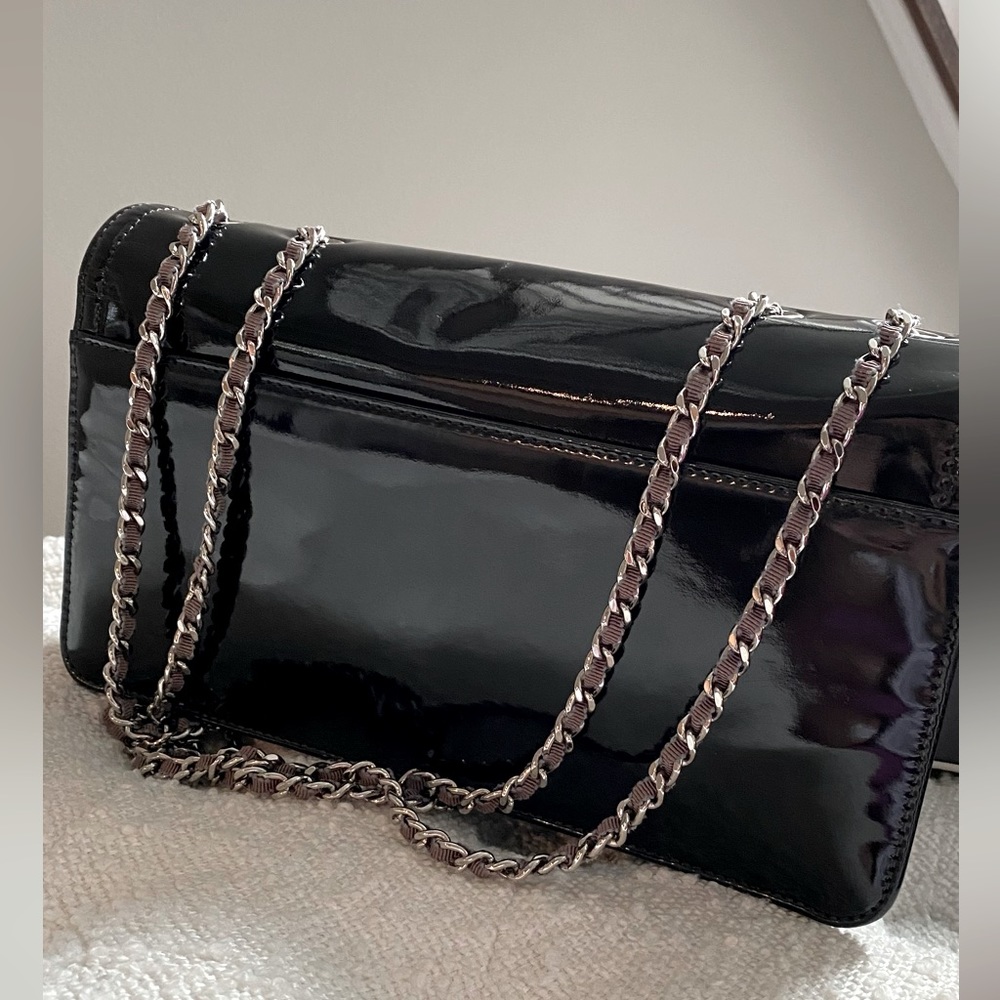 CHANEL Black Patent Leather Crossbody with Beige and Tan CC Patch - Picture 8 of 14